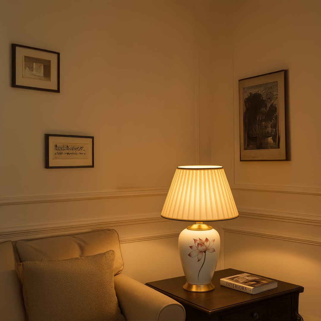 Elegant floral ceramic table lamp with gold metal base and cream pleated shade adds artistic charm and timeless sophistication to any home decor.