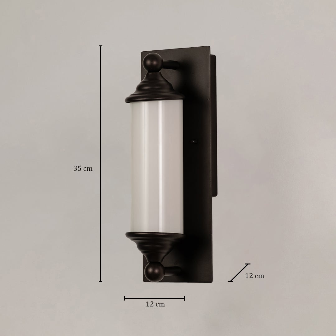 Black metal wall light with frosted glass showing size 35 cm height and 12 cm width for accurate placement.