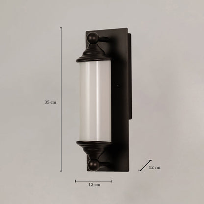Black metal wall light with frosted glass showing size 35 cm height and 12 cm width for accurate placement.