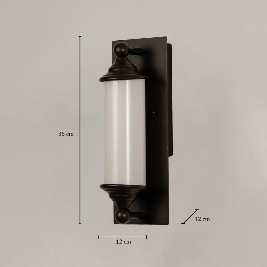 Black metal wall light with frosted glass showing size 35 cm height and 12 cm width for accurate placement.