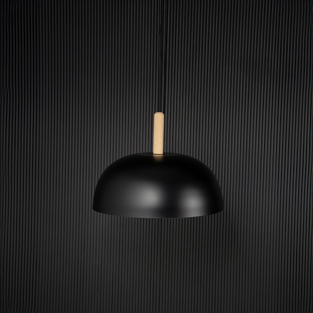 Black dome pendant ceiling light with wood top switched off on back background for modern dining room cafe and home ceiling lighting decor.