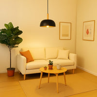 Black metal pendant light above sofa adding Scandinavian elegance and warm ambient lighting to modern living rooms.