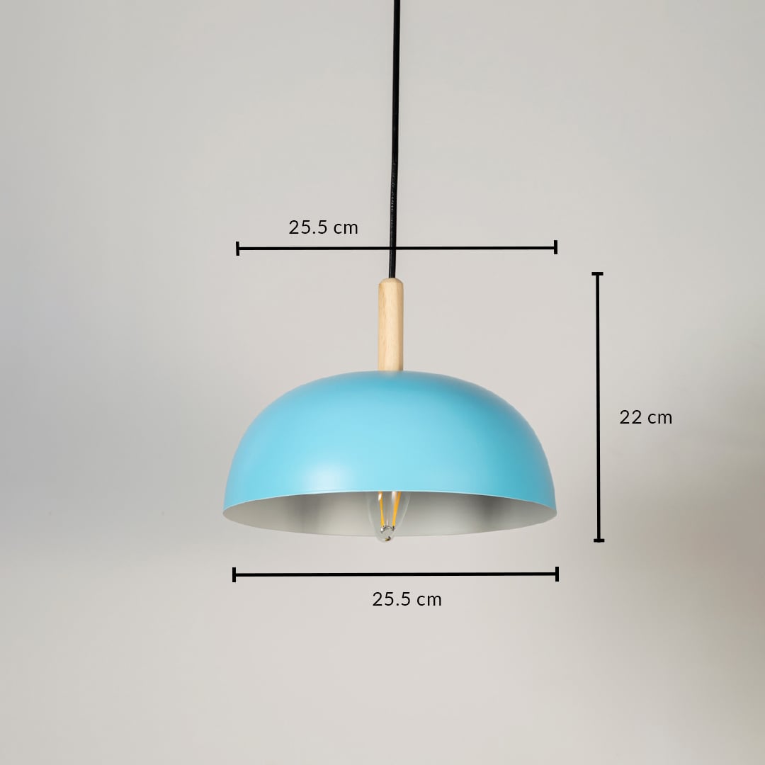 Blue pendant lamp with 25.5 cm diameter and 22 cm height featuring a dome shape with wood accent for modern lighting decor.