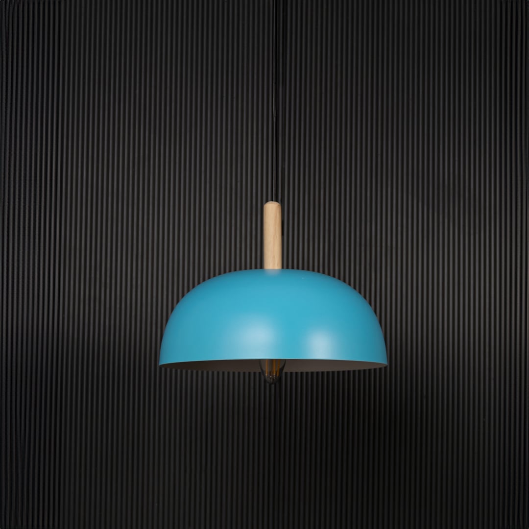 Blue dome pendant ceiling lamp with wooden accent on black background and light off is a minimalist Nordic design.