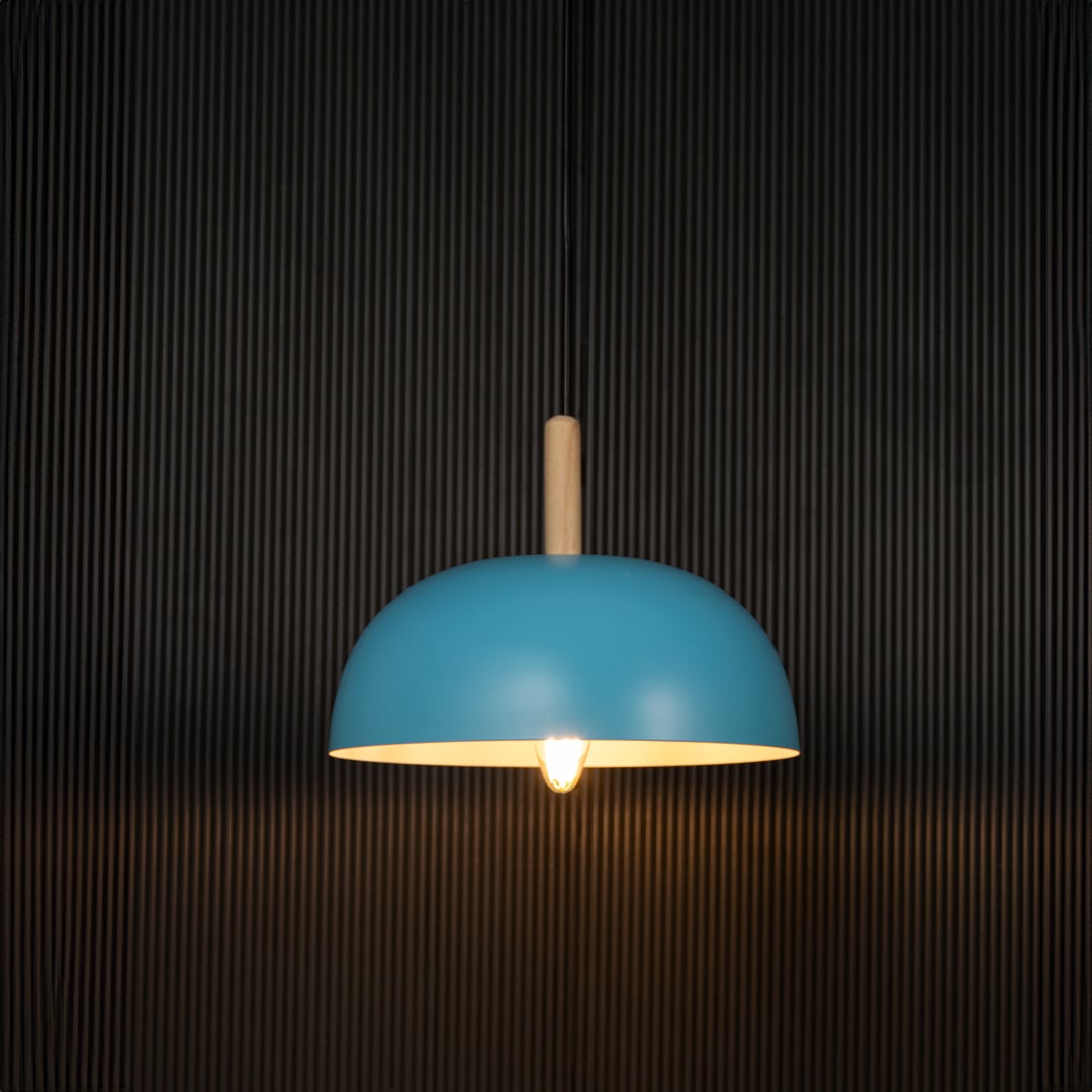 Blue pendant ceiling lamp on black background with dome shade and wooden top accent is a Nordic style hanging light.
