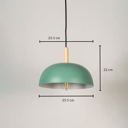 Green dome pendant light with wooden accent shown with size 25.5cm width and 22cm height on white background for product details.