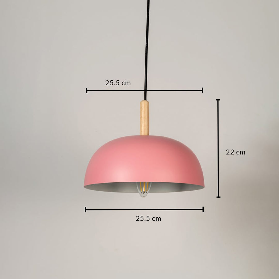 Pink dome pendant light with wooden accent shown with size 25.5cm width and 22cm height on white background for product details.