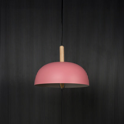 Pink dome pendant ceiling light with wood top switched off on back background for contemporary home dining and cafe interior lighting.