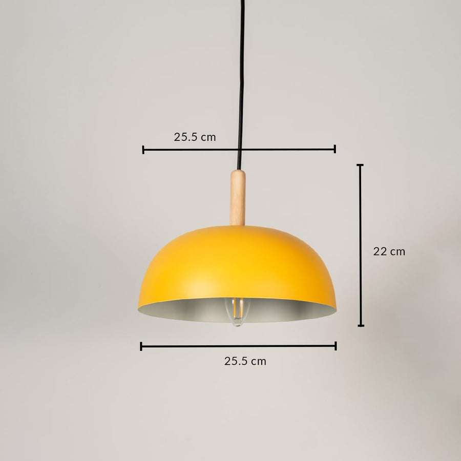 Yellow dome pendant light dimensions measuring 25.5 cm in width and 22 cm in height creating a stylish ceiling lamp with wooden top.