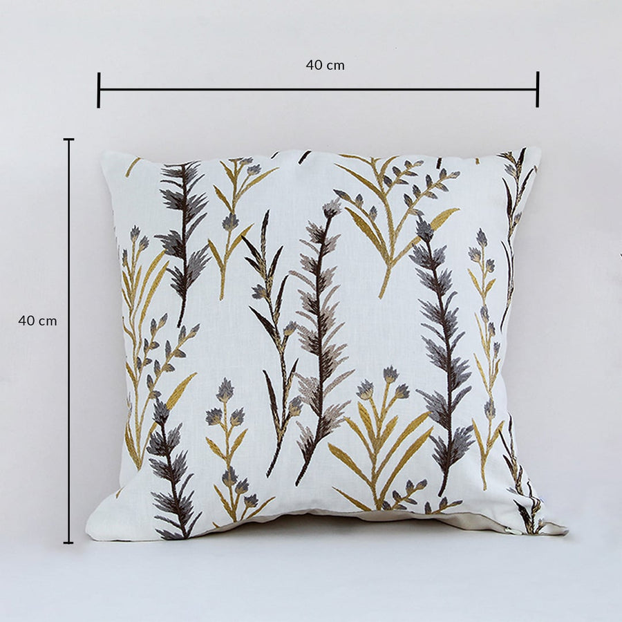 Cotton cushion with yellow and grey embroidered botanical design measured at 40 cm by 40 cm displayed on a white background showing its square decorative shape.