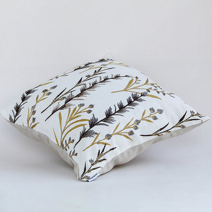 Cotton cushion with grey and yellow embroidered botanical design displayed on a white background showing detailed stitching ideal for home decor styling.