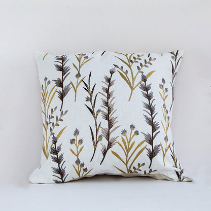 White cotton cushion cover with golden botanical branch print for sofa couch bedroom and modern home decor styling.