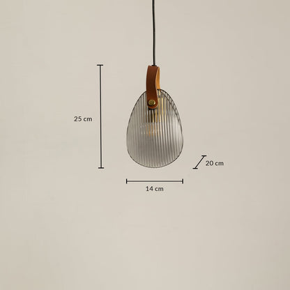 Ribbed glass pendant light measuring 14 cm width 25 cm height and 20 cm depth for accurate hanging placement.