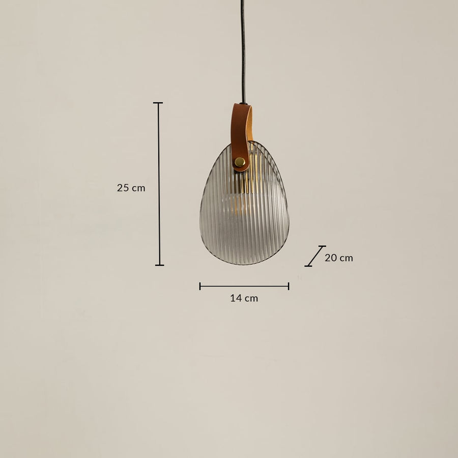 Ribbed glass pendant light measuring 14 cm width 25 cm height and 20 cm depth for accurate hanging placement.