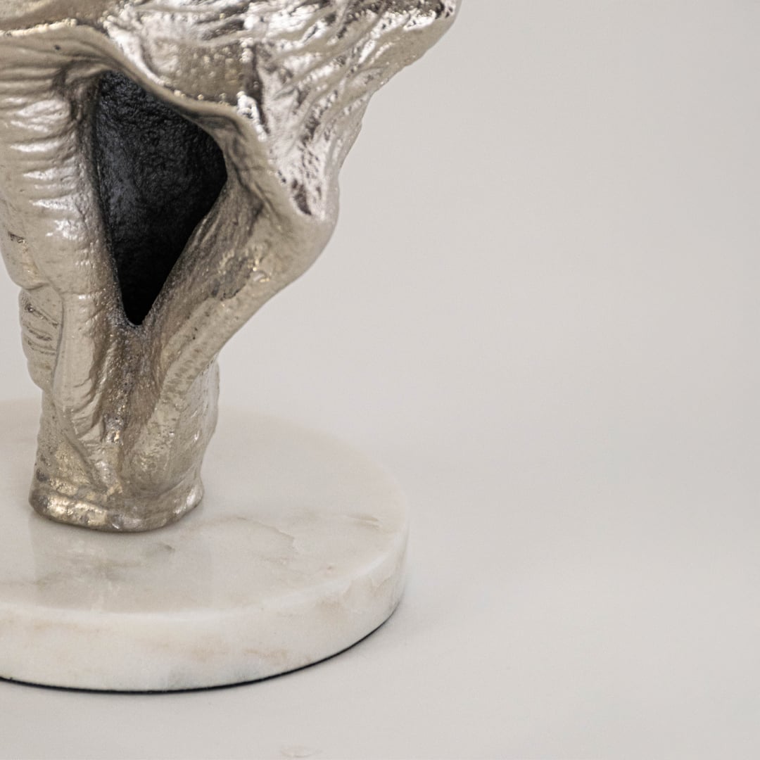 Closeup of silver conch shell decor showing intricate marine texture and round white base for a refined accent.