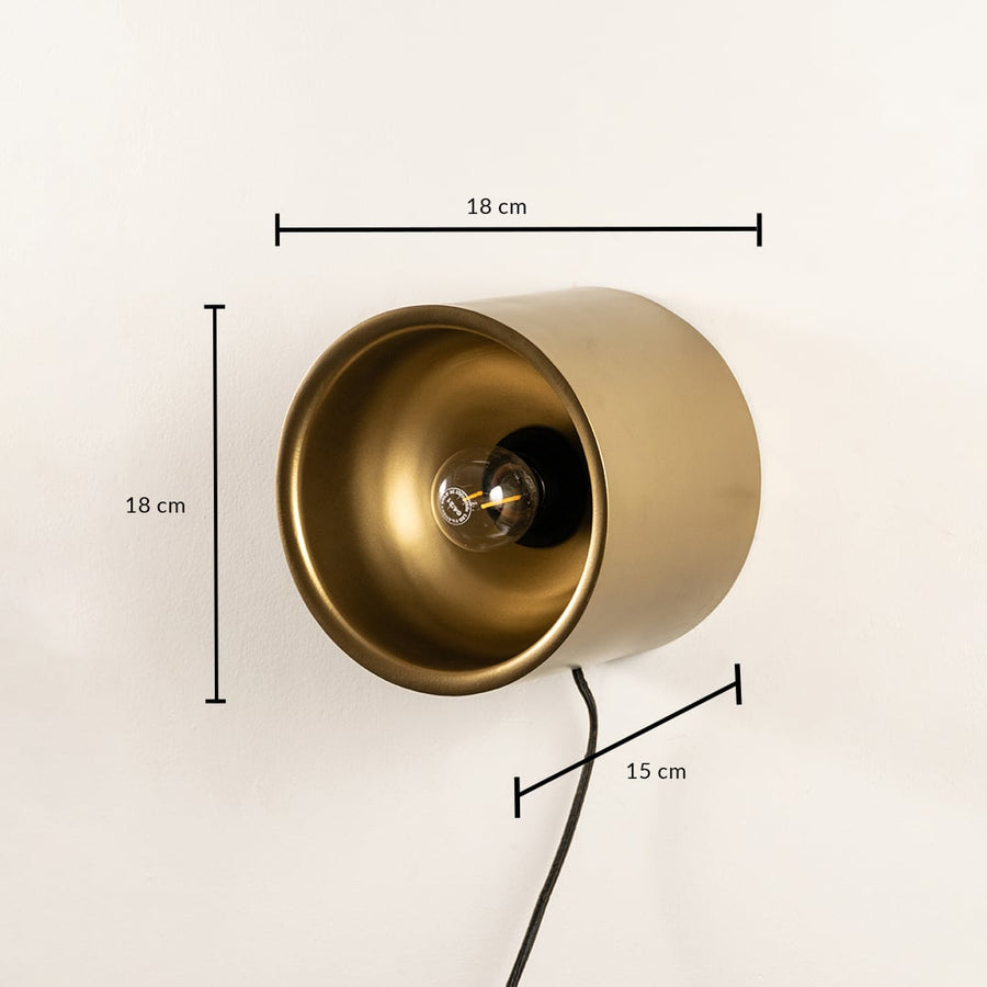 Gold metal cylinder spot wall light fixture turned off showing an eighteen centimeter height measurement mark.
