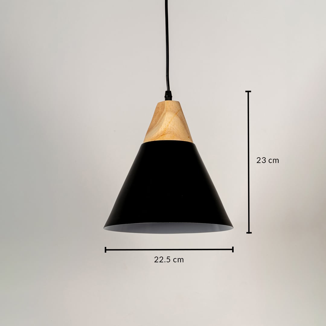 Black metal cone pendant light showing 27 cm height and 25 cm width dimensions suitable for modern dining kitchen ceiling lighting.