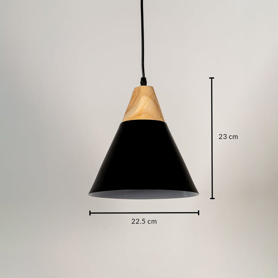 Black metal cone pendant light showing 27 cm height and 25 cm width dimensions suitable for modern dining kitchen ceiling lighting.
