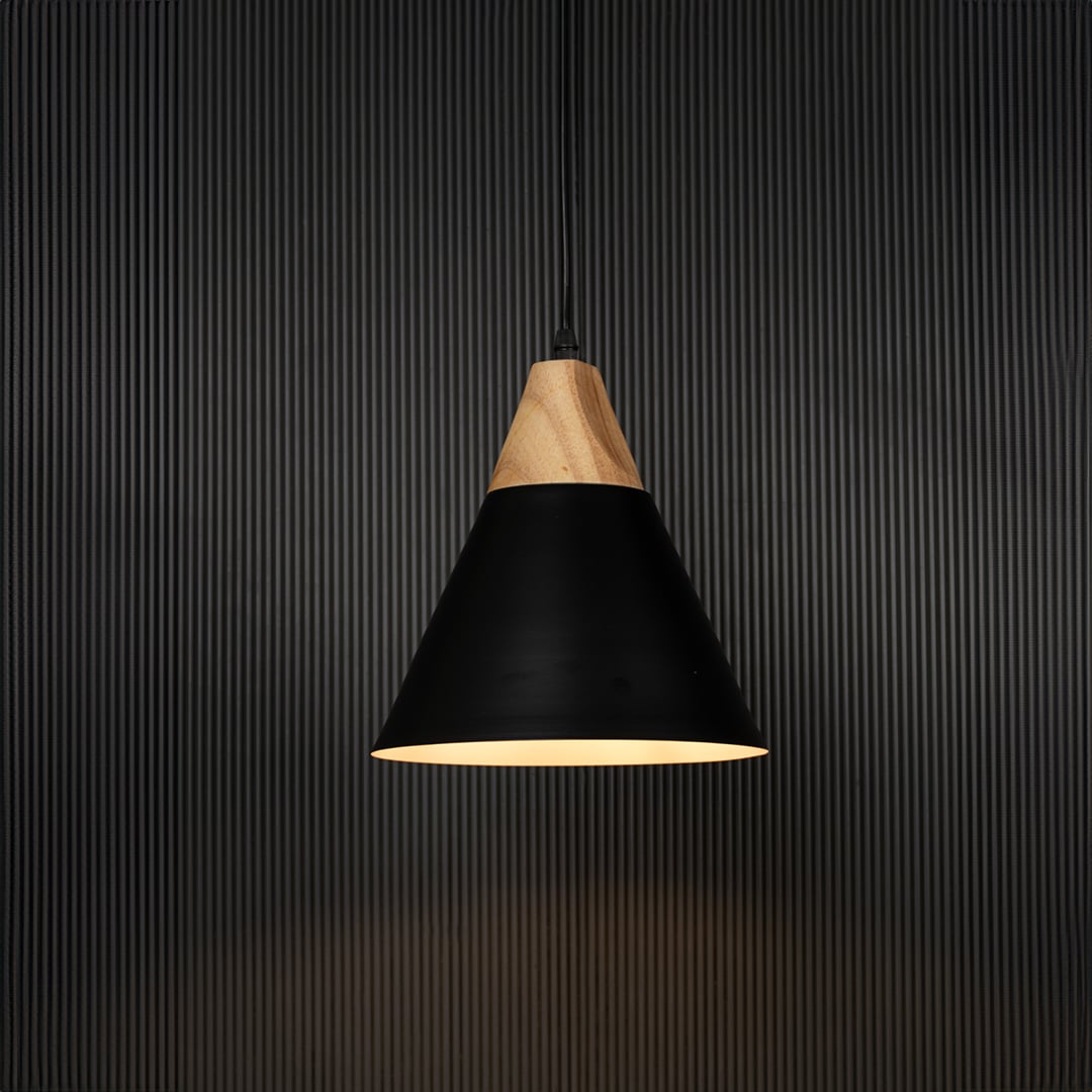Black pendant light with wooden top and conical metal shade displayed on black background for modern home lighting.