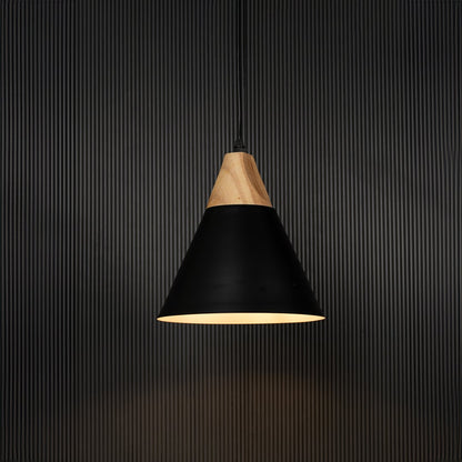 Black pendant light with wooden top and conical metal shade displayed on black background for modern home lighting.