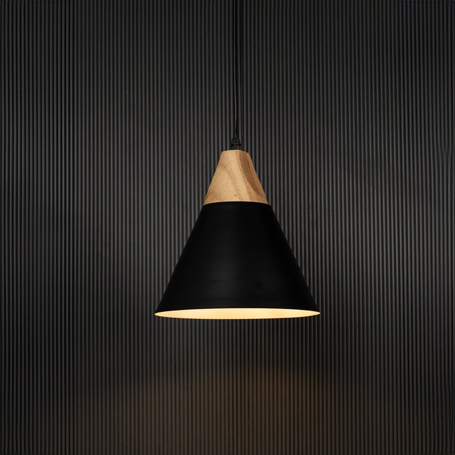 Black pendant light with wooden top and conical metal shade displayed on black background for modern home lighting.
