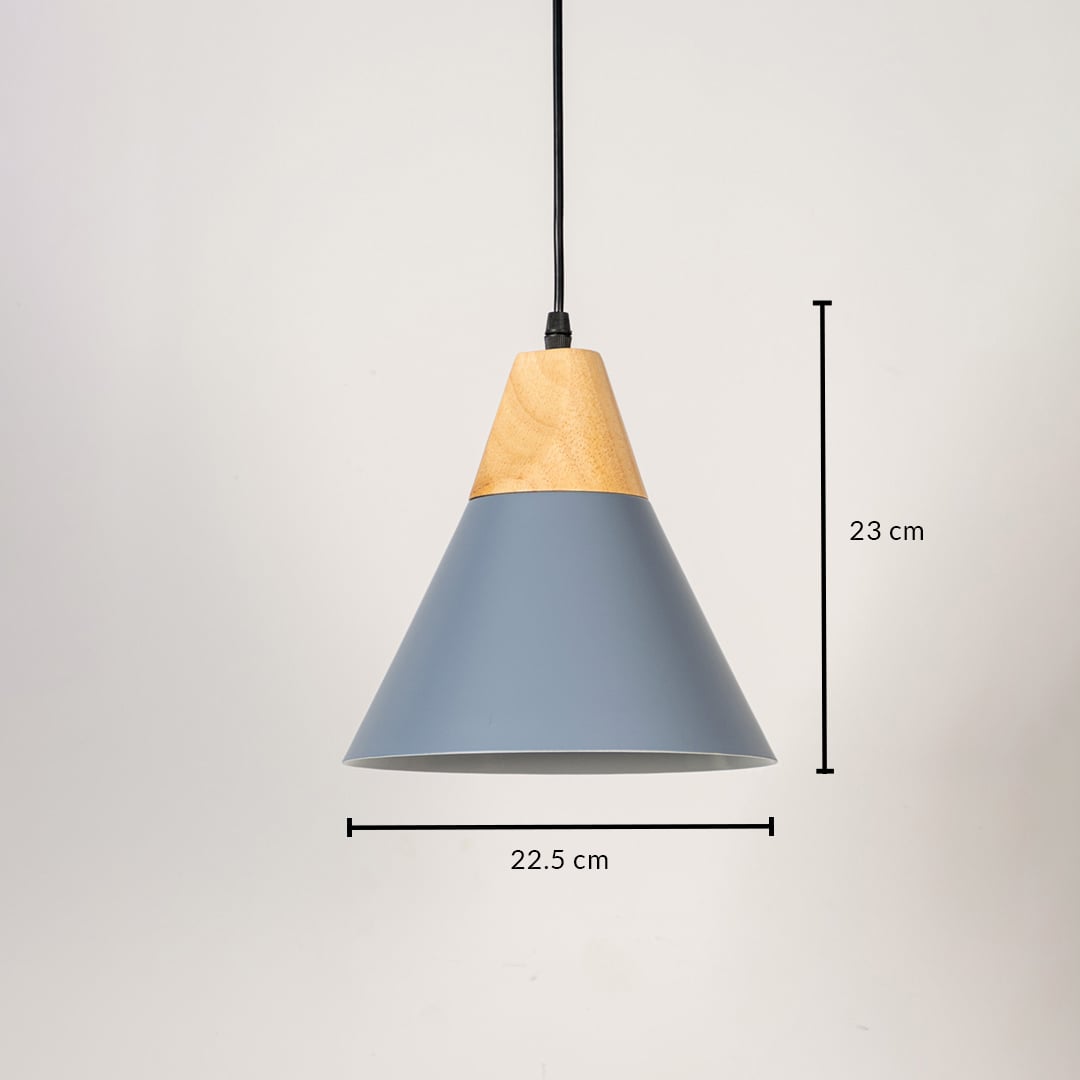Blue pendant light with wooden top and conical shade displayed with 23 cm height and 22.5 cm width dimensions.