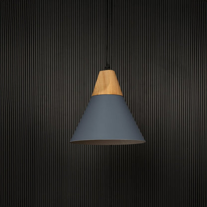 Blue pendant light with conical metal shade and wood accent shown off on black background for modern home lighting.