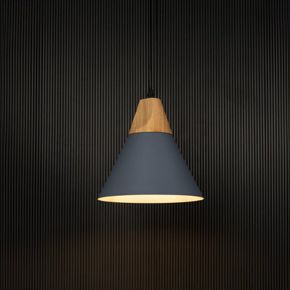 Blue pendant light with wooden top and conical shade displayed on black background for modern rustic home lighting.