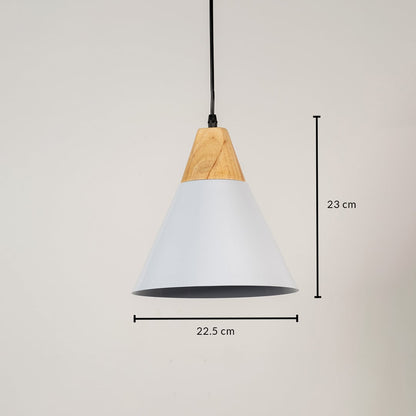 White pendant light with wooden top and conical shade displayed with 23 cm height and 22.5 cm width dimensions.