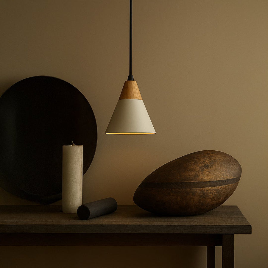 White pendant light with wooden top and conical shade styled in modern interior for dining and living room lighting.