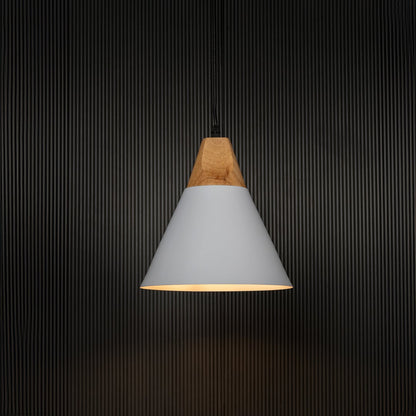 White metal pendant light with natural wood top and conical shade displayed on plain white background for home decor.