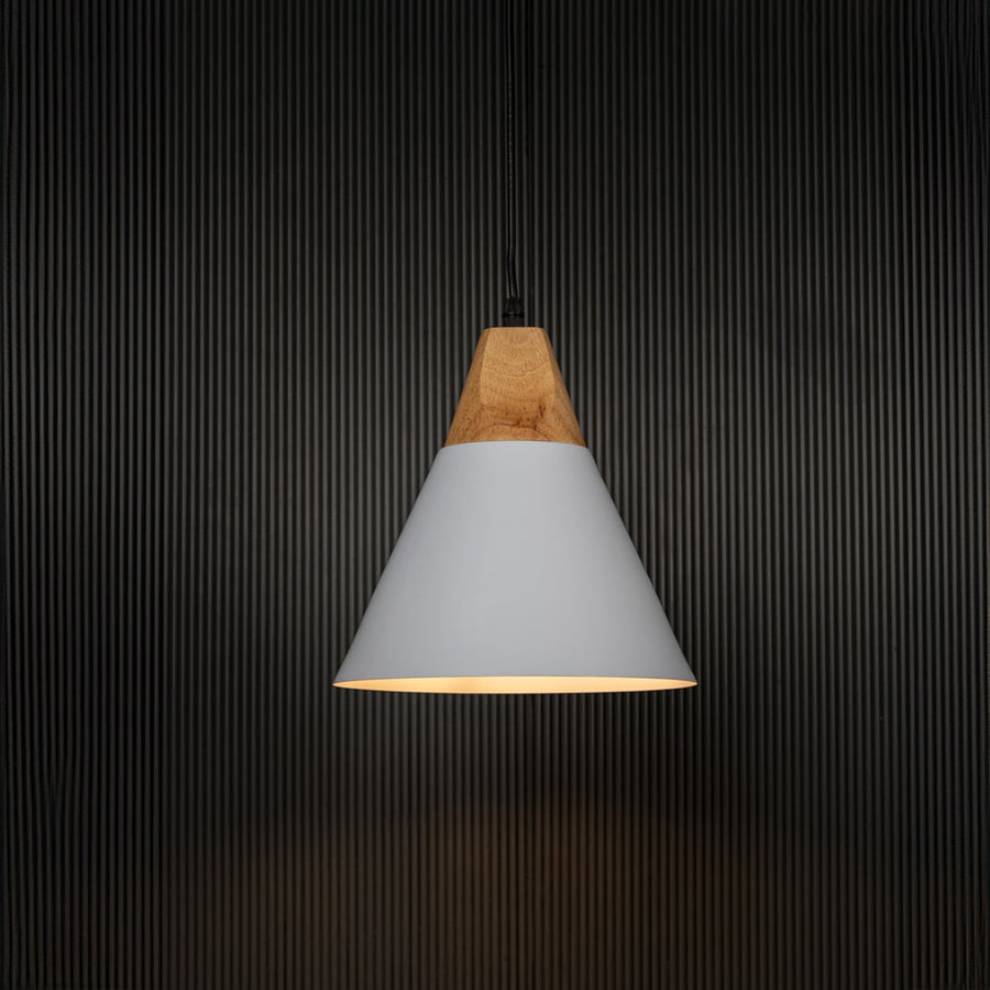 White metal pendant light with natural wood top and conical shade displayed on plain white background for home decor.