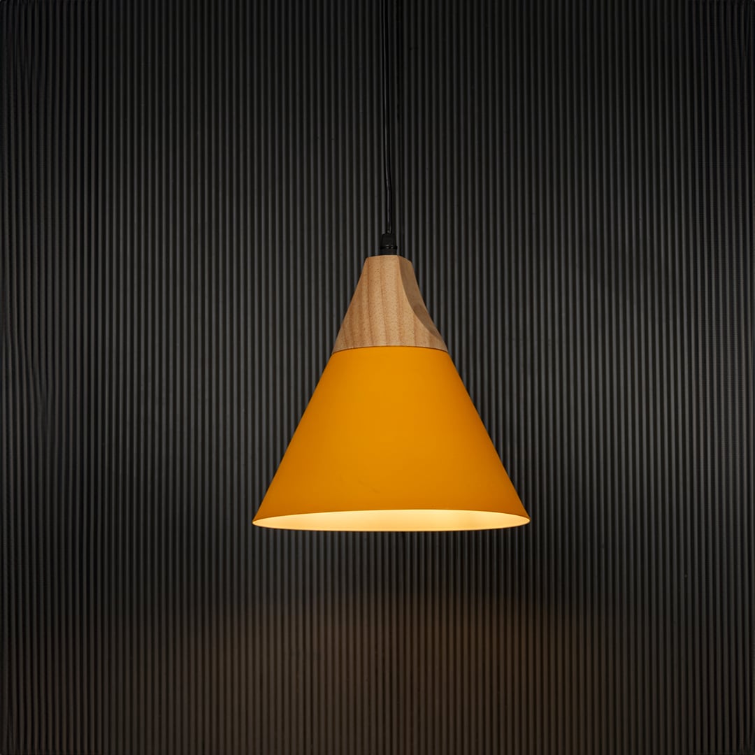 Yellow pendant light with wooden top and metal conical shade displayed on black background for modern home lighting.