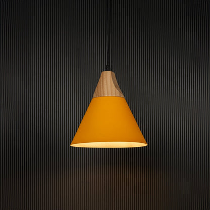 Yellow pendant light with wooden top and metal conical shade displayed on black background for modern home lighting.