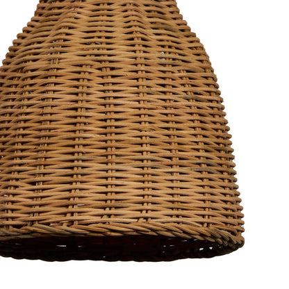 Closeup of woven rattan pendant light showing handcrafted design and natural texture for home lighting decor.