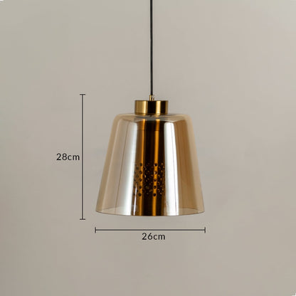 Gold metallic pendant light measuring 28 cm by 26 cm shown clearly for accurate hanging placement in modern living or dining spaces.