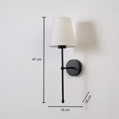 Black wall light with white shade showing 47 cm height 16 cm width and 18 cm depth clearly marked.