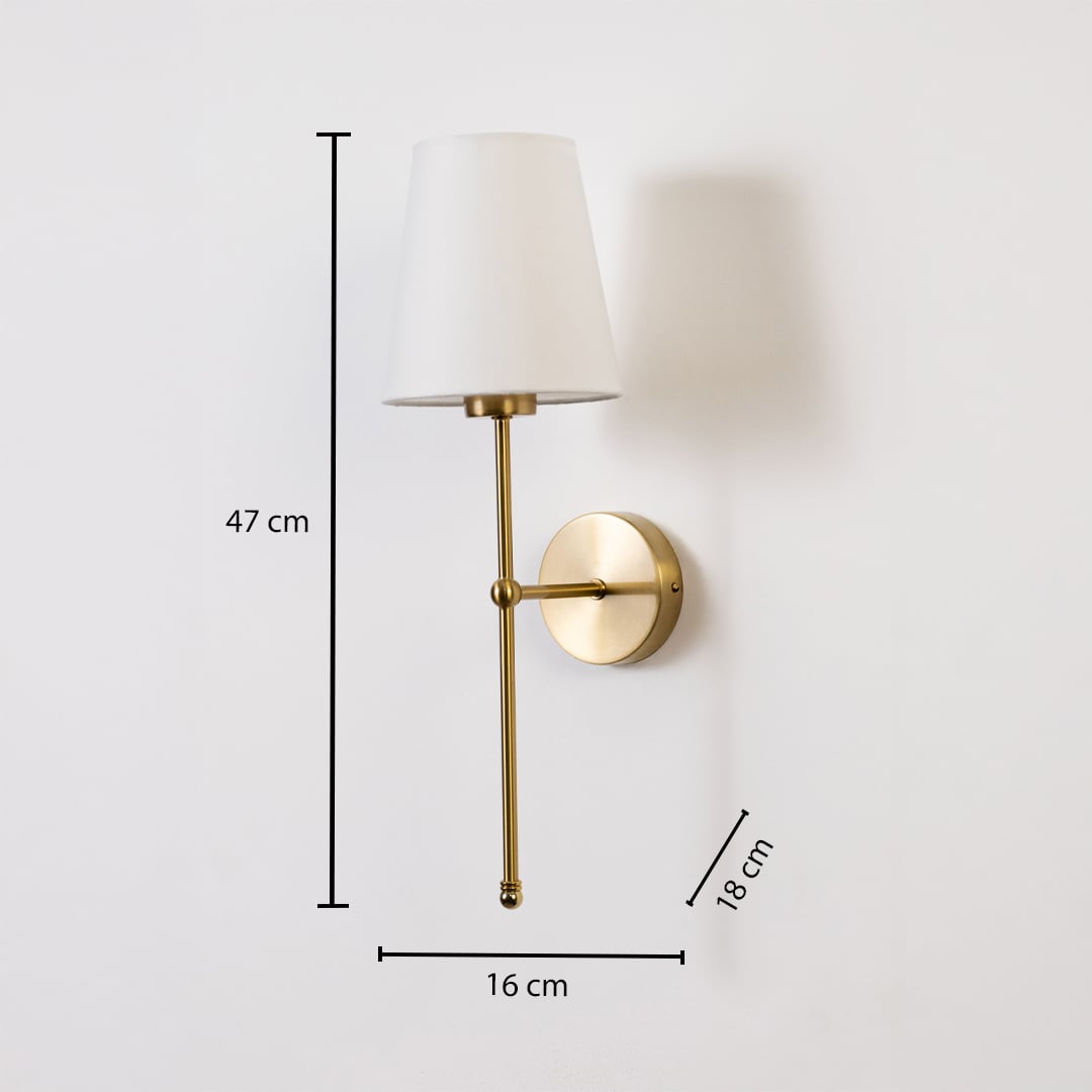 Gold wall light with white shade measuring 47 cm height 16 cm width and 18 cm depth shown with dimension lines.