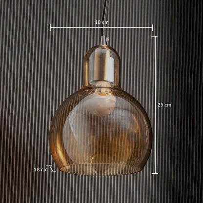 Dimension image of smoked amber glass pendant light with chrome top measuring 32 cm height and 24 cm width.