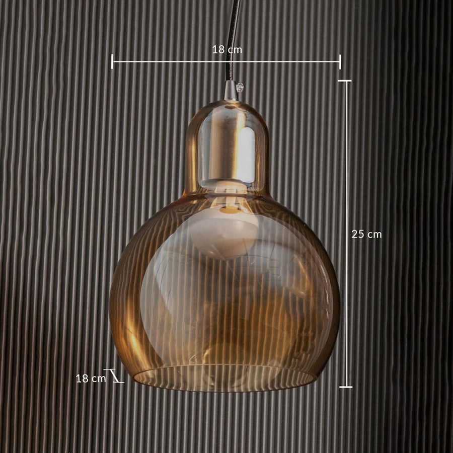 Dimension image of smoked amber glass pendant light with chrome top measuring 32 cm height and 24 cm width.