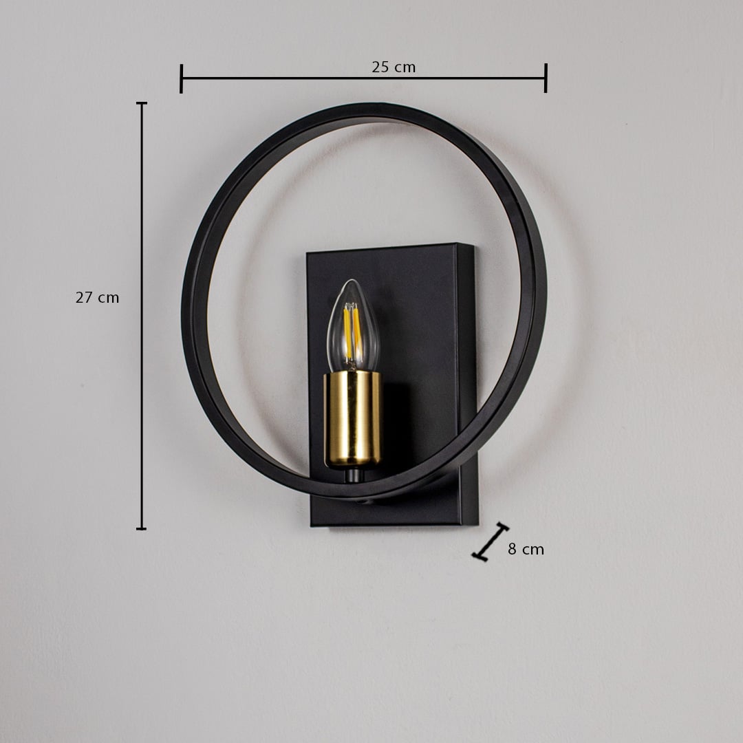 Black wall light with gold bulb holder and circular frame shown on white background measuring 27cm height and 25cm width.