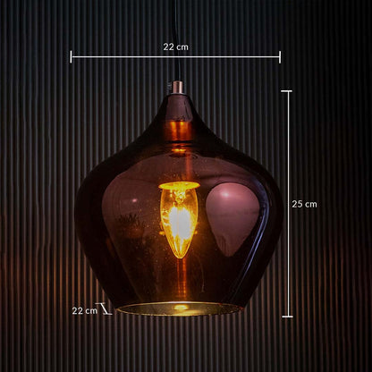 An amber glass pendant light shown with measurements of 22 cm width and 25 cm height clearly marked displaying its curved glass shade and metal fitting.