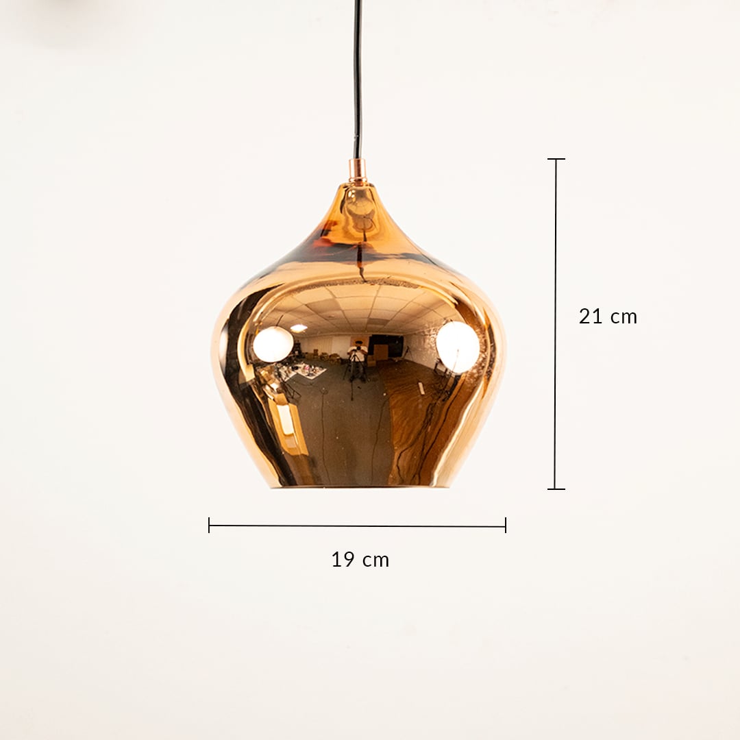Gold reflective pendant light measuring 21 cm by 19 cm shown clearly for accurate hanging placement in modern living or dining interiors.