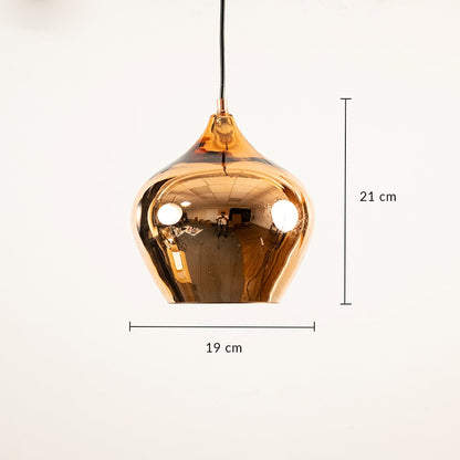Gold reflective pendant light measuring 21 cm by 19 cm shown clearly for accurate hanging placement in modern living or dining interiors.