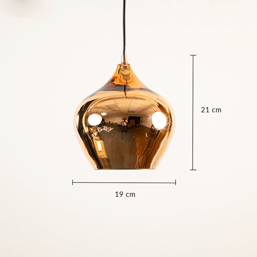 Gold reflective pendant light measuring 21 cm by 19 cm shown clearly for accurate hanging placement in modern living or dining interiors.