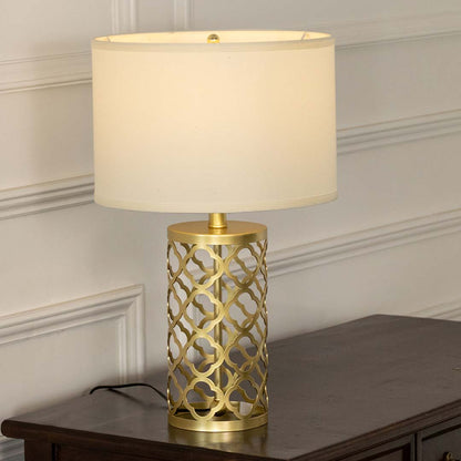 Gold lattice metal table lamp with fabric shade offering sophisticated decorative lighting for modern luxury interiors.