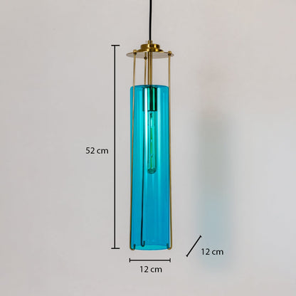 Pendant light with labeled dimensions 52 cm height and 12 cm width showing its blue glass body brass accents and sleek modern structure.