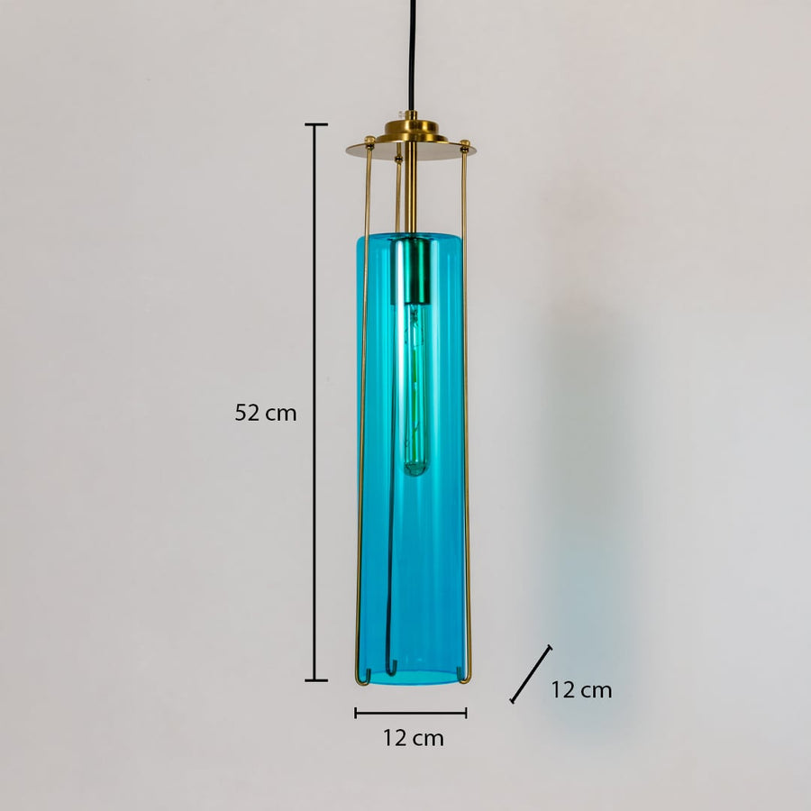 Pendant light with labeled dimensions 52 cm height and 12 cm width showing its blue glass body brass accents and sleek modern structure.