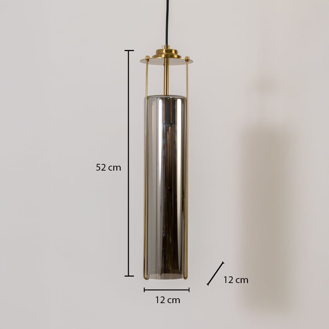 Smoked glass pendant light with dimensions labeled 52 cm height and 12 cm width featuring a tall cylindrical body and brass frame.