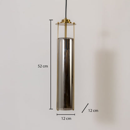 Smoked glass pendant light with dimensions labeled 52 cm height and 12 cm width featuring a tall cylindrical body and brass frame.